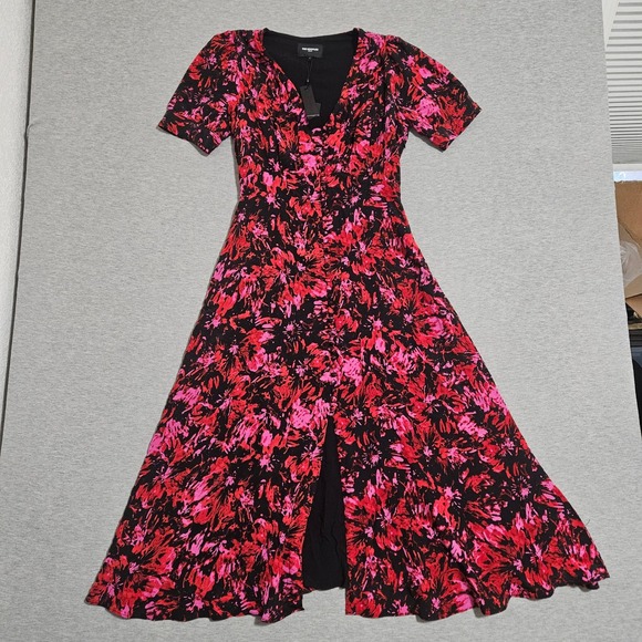 The Kooples Firework Print Midi Dress Black Red Pink V-Neck Size 1 FROB24151K - Picture 15 of 16